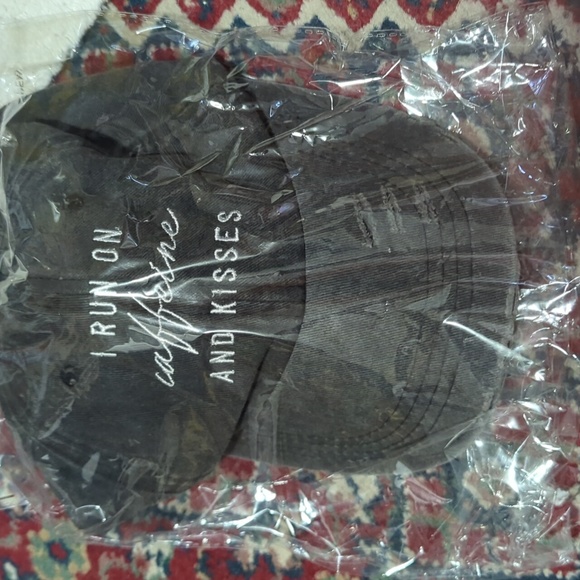 "I RUN ON Caffeine AND KISSES"Baseball Cap Letter Embroidered  Black Distressed - Picture 6 of 6